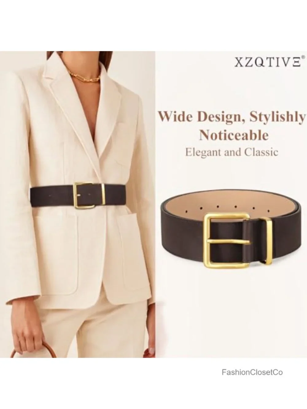 XZQTIVE Wide Suede Belt with Gold Square Buckle